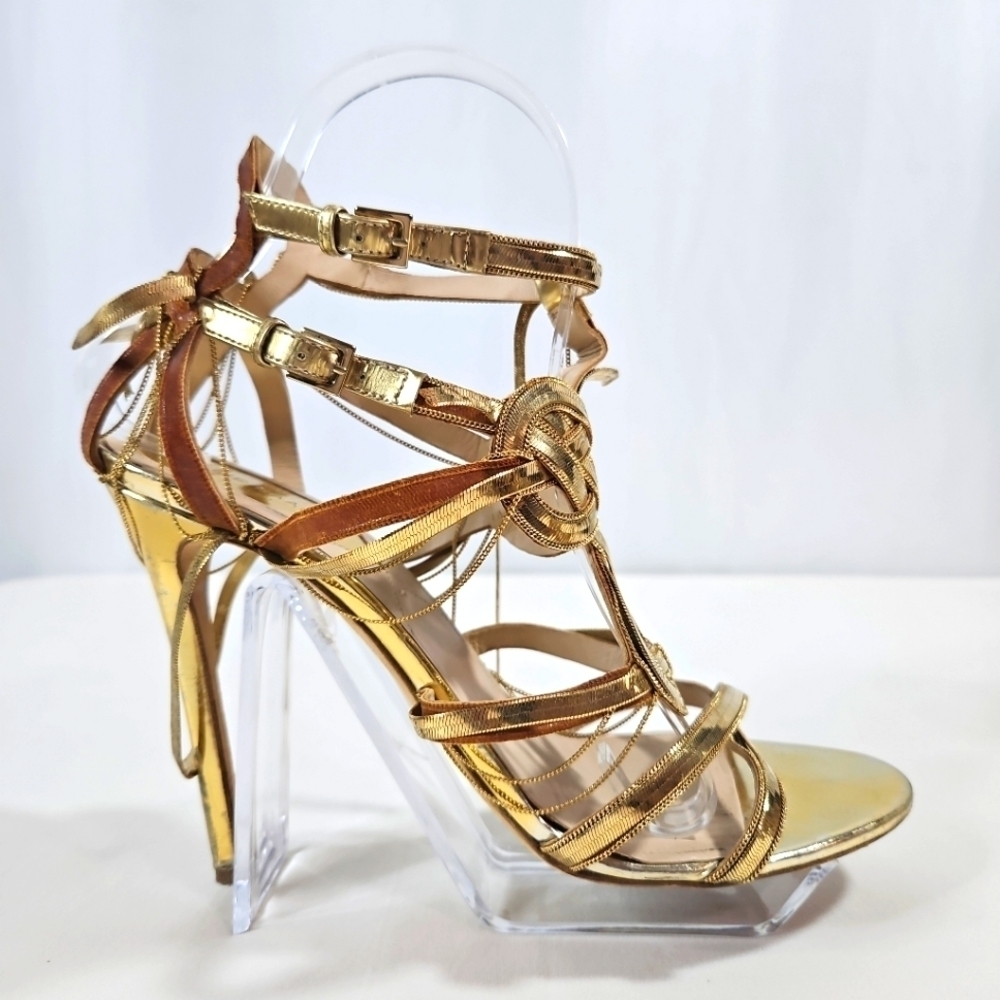 Elie Saab Gold Leather Adjustable Straps Stilettos Gladiator heels Size 39